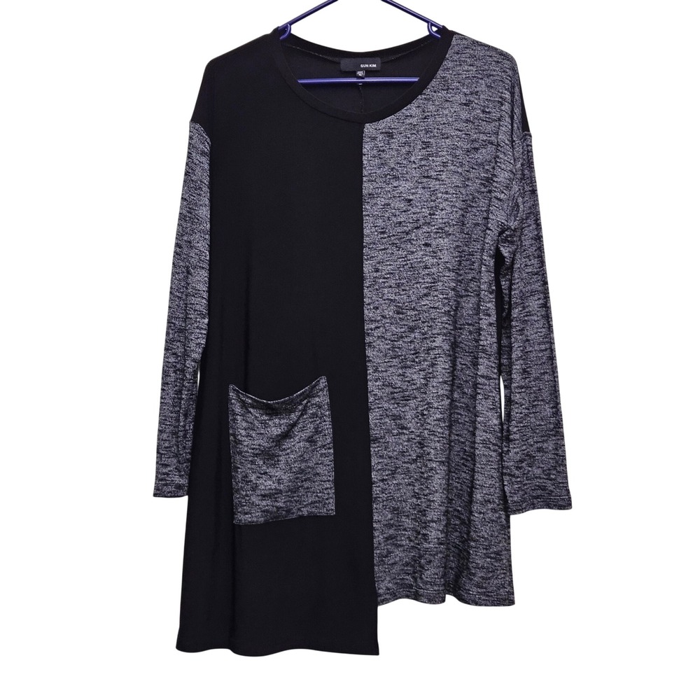 Sun Kim Tunic Top Women M Black Gray Asymmetric Pocket Lagenlook Contemporary